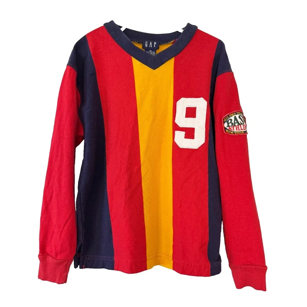 GAP Kids Rugby Long Sleeve Shirt Vertical Stripe V-neck Boys XS - No Collar #9